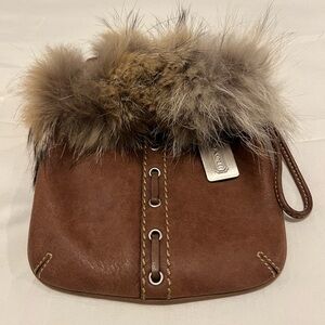 Coach Vintage Brown Leather Wristlet with Fur Trim